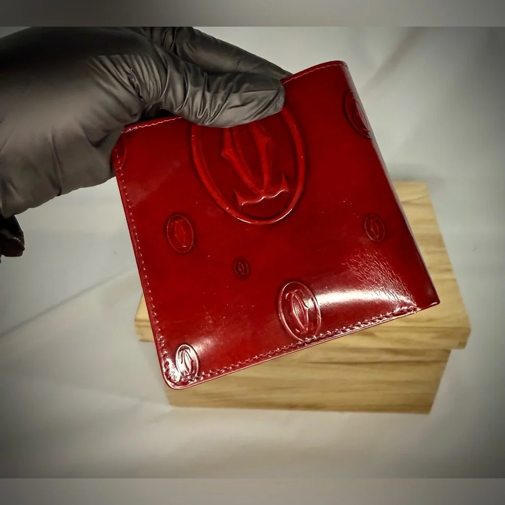Cartier Paris Happy Birthday Red Patent Leather Bifold Wallet Logo Embossed